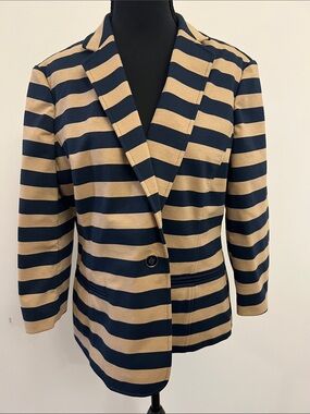 Nautica Navy and Tan Striped Single-Button Blazer